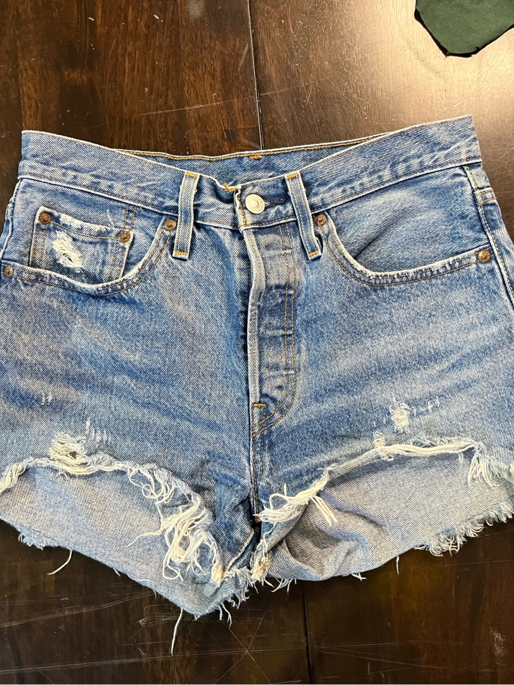 Levi's Premium 501 Denim Jean Distressed Frayed Button Fly Shorts, Sz 27